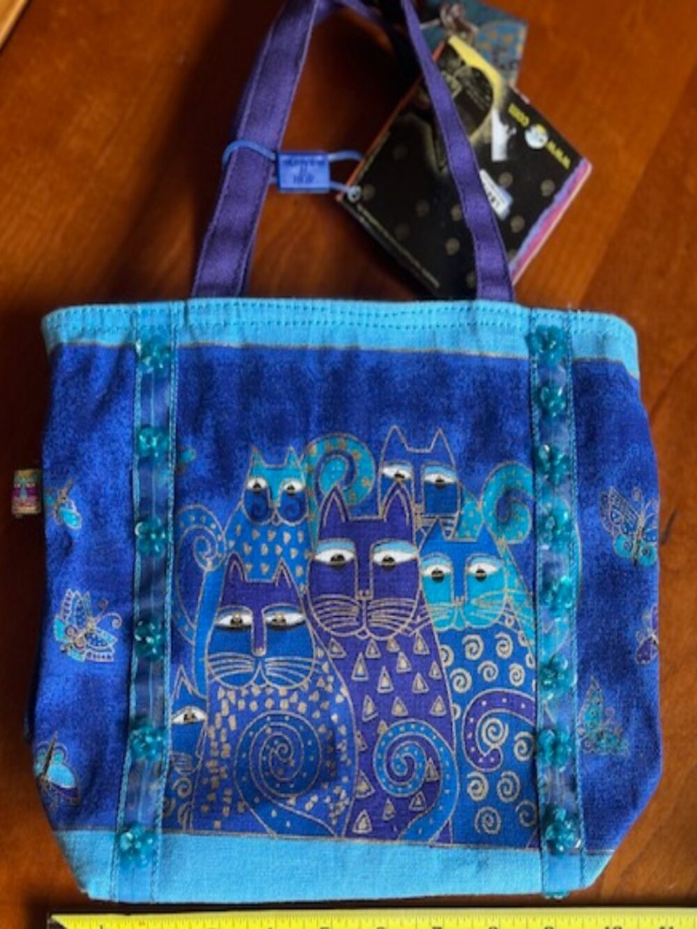 NWT Laurel Burch Original Cats Print Tote Bag Purple Handle Beads - Picture 14 of 16
